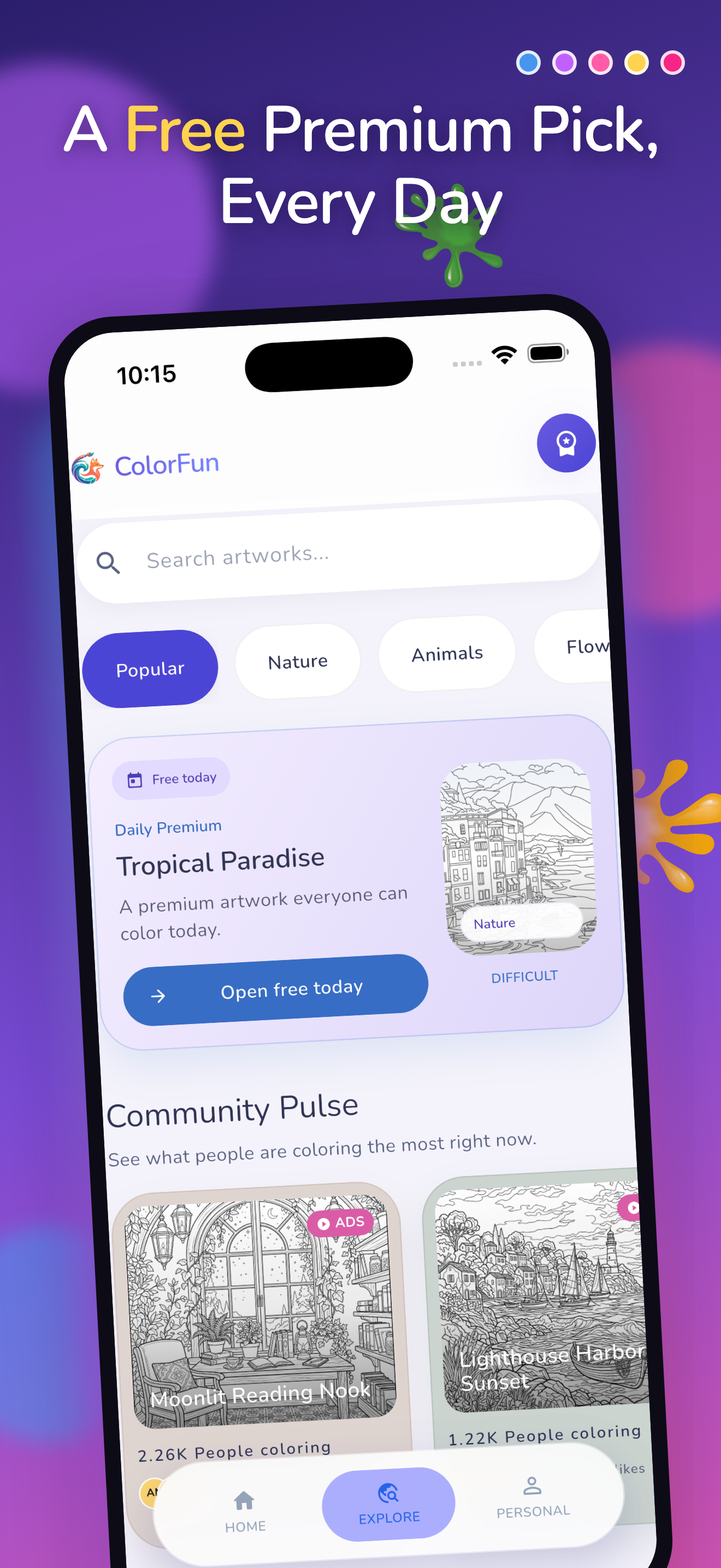 ColorFun discover screen with free daily premium pick
